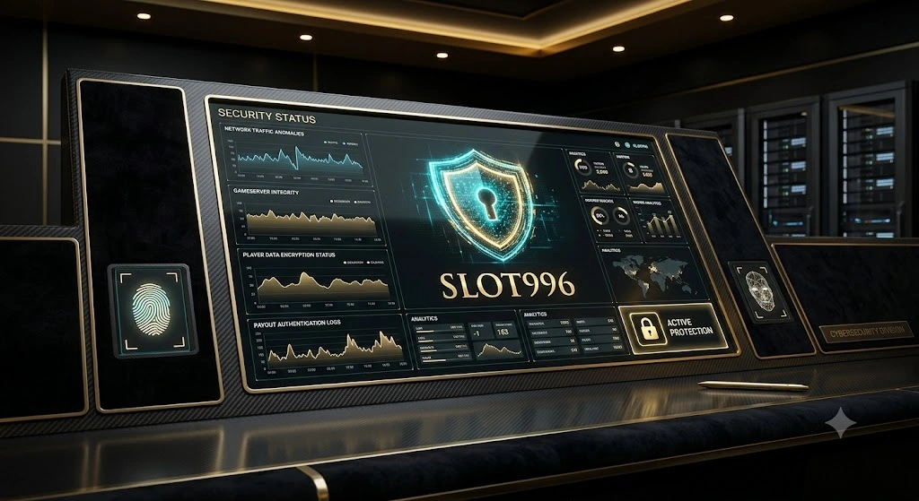 หน้าจอตั้งค่าแสดงวิธีเพิ่มความปลอดภัยให้บัญชีผู้ใช้ SLOT996 พร้อมไอคอนโล่ป้องกันทางไซเบอร์และระบบสแกนลายนิ้วมือ
